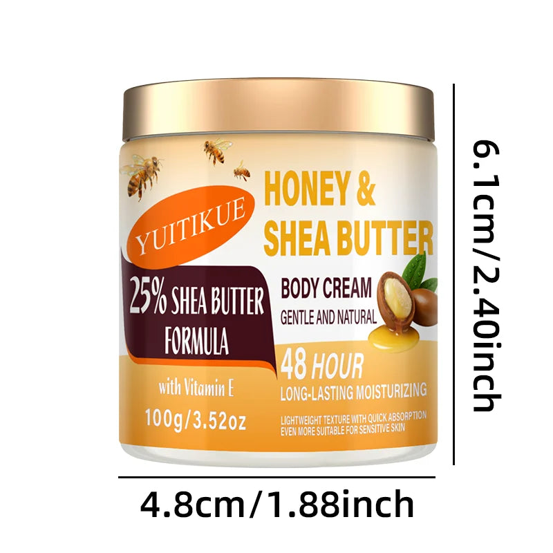 YUITIKUE 25% Shea Butter Body Cream 100g - 48H Moisturizer for Face, Body, Hands & Feet, Honey & Vitamin E, All-in-One Care